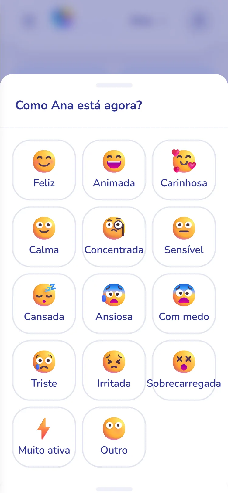 Registro de humor: várias opções, cada uma a um toque, com espaço pra observação