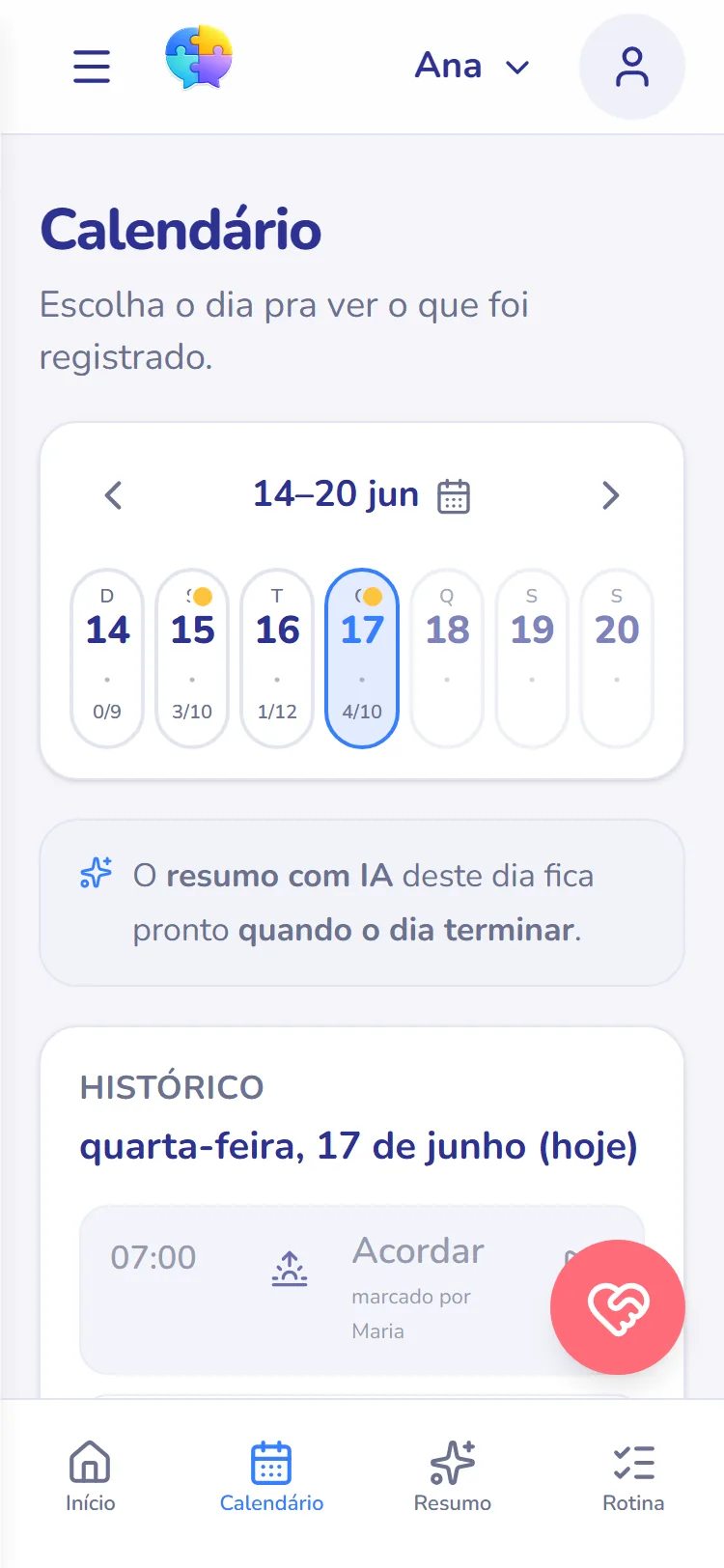 Tela Calendário do AutiMerge: escolha um dia e veja tudo que foi registrado